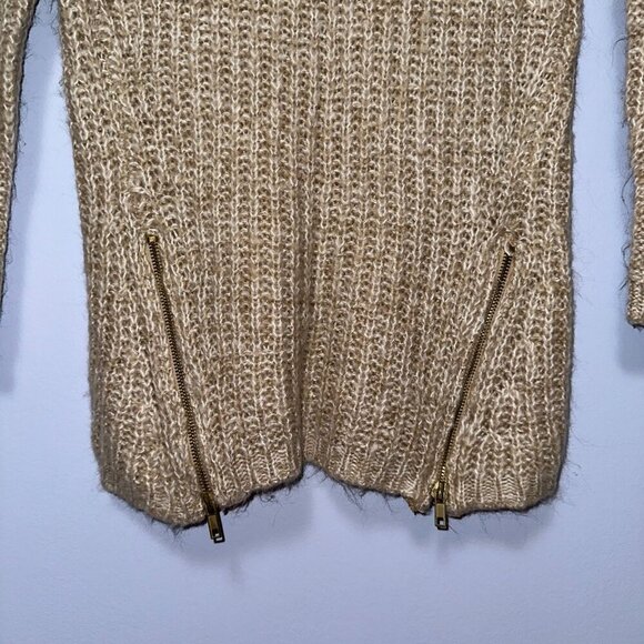Women's Chunky Knit Sweater Medium Beige Gold Zipper Scoop Neck Long Sleeve Top - Picture 2 of 4